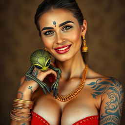 A strikingly beautiful Russian woman, featuring a traditional bindi on her forehead and an alluring smile