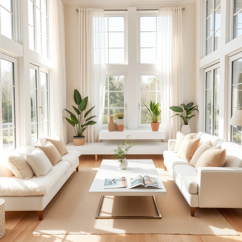 A bright and inviting interior of a living room, featuring a soft white bench and a plush white sofa that create a cohesive and comfortable seating area