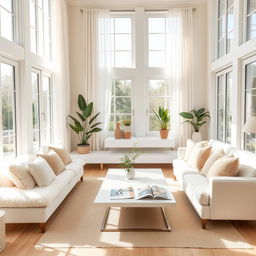 A bright and inviting interior of a living room, featuring a soft white bench and a plush white sofa that create a cohesive and comfortable seating area