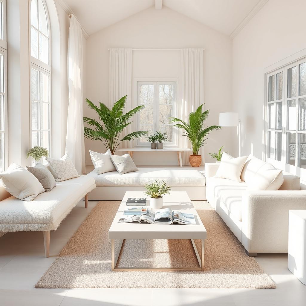 A bright and inviting interior of a living room, featuring a soft white bench and a plush white sofa that create a cohesive and comfortable seating area