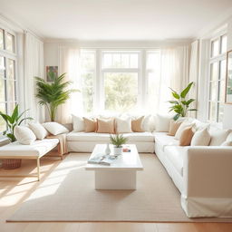 A bright and inviting interior of a living room, featuring a soft white bench and a plush white sofa that create a cohesive and comfortable seating area