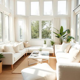 A bright and inviting interior of a living room, featuring a soft white bench and a plush white sofa that create a cohesive and comfortable seating area