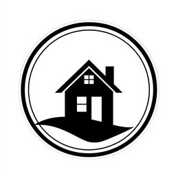 A contemporary black and white logo featuring a house at the center, designed with a minimalist approach