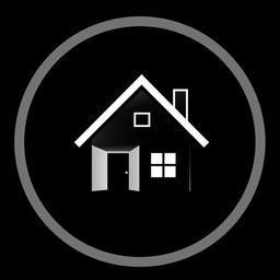 A contemporary black and white logo featuring a house at the center, designed with a minimalist approach