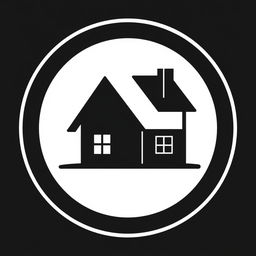 A contemporary black and white logo featuring a house at the center, designed with a minimalist approach