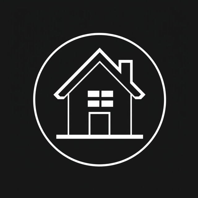 A contemporary black and white logo featuring a house at the center, designed with a minimalist approach