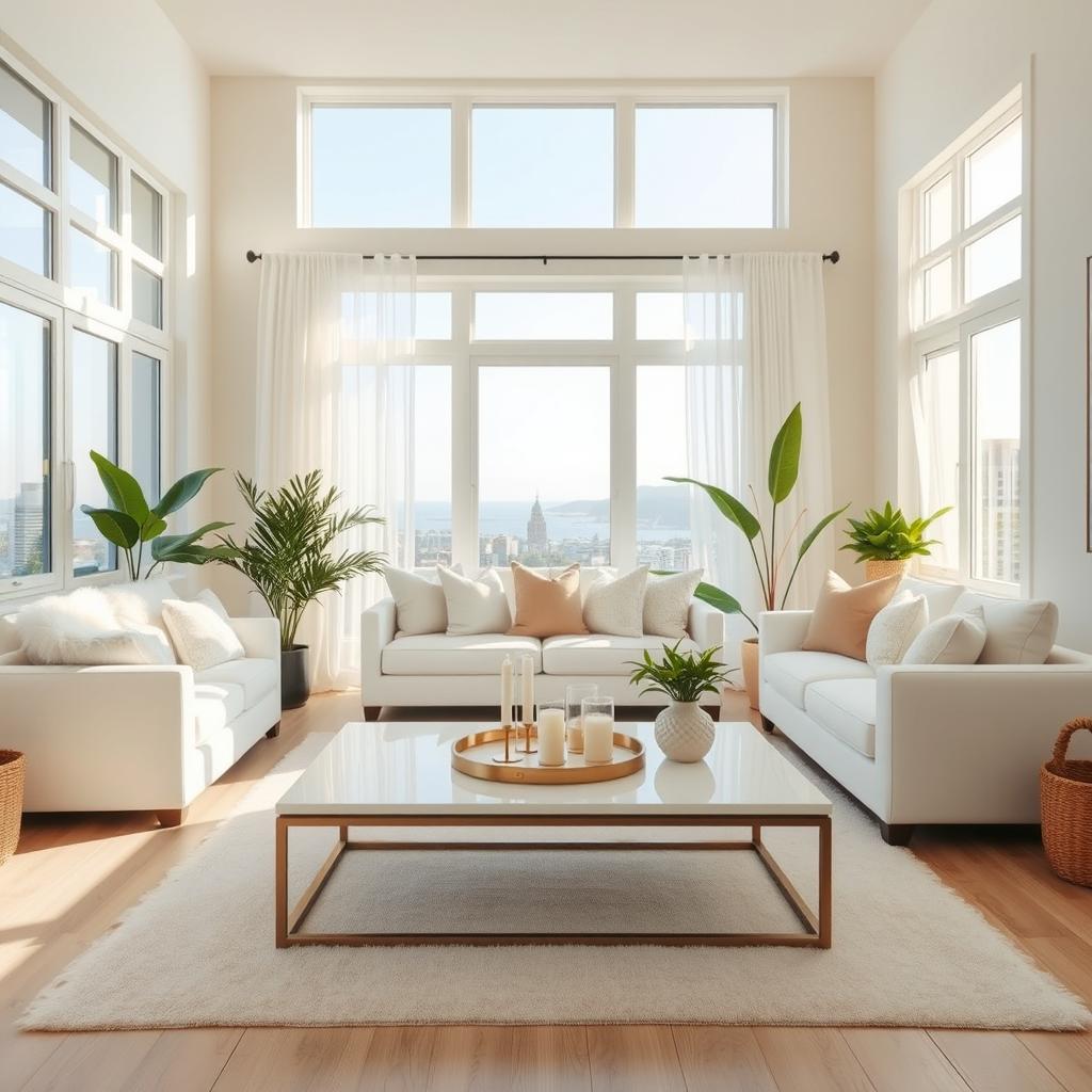 A beautifully designed interior of a light and airy living room, featuring a soft white bench and a luxurious white sofa that exude comfort and elegance