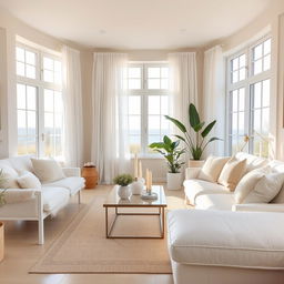 A beautifully designed interior of a light and airy living room, featuring a soft white bench and a luxurious white sofa that exude comfort and elegance