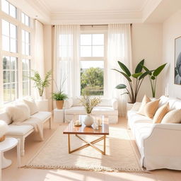 A beautifully designed interior of a light and airy living room, featuring a soft white bench and a luxurious white sofa that exude comfort and elegance