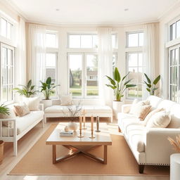 A beautifully designed interior of a light and airy living room, featuring a soft white bench and a luxurious white sofa that exude comfort and elegance