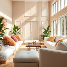 An inviting interior scene of a living room, flooded with natural light that accentuates the soft textures of the furnishings