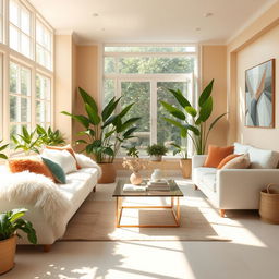 An inviting interior scene of a living room, flooded with natural light that accentuates the soft textures of the furnishings