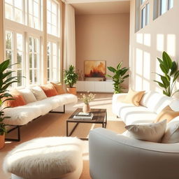 An inviting interior scene of a living room, flooded with natural light that accentuates the soft textures of the furnishings