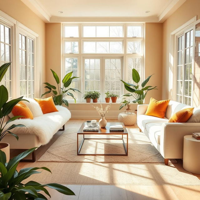 An inviting interior scene of a living room, flooded with natural light that accentuates the soft textures of the furnishings