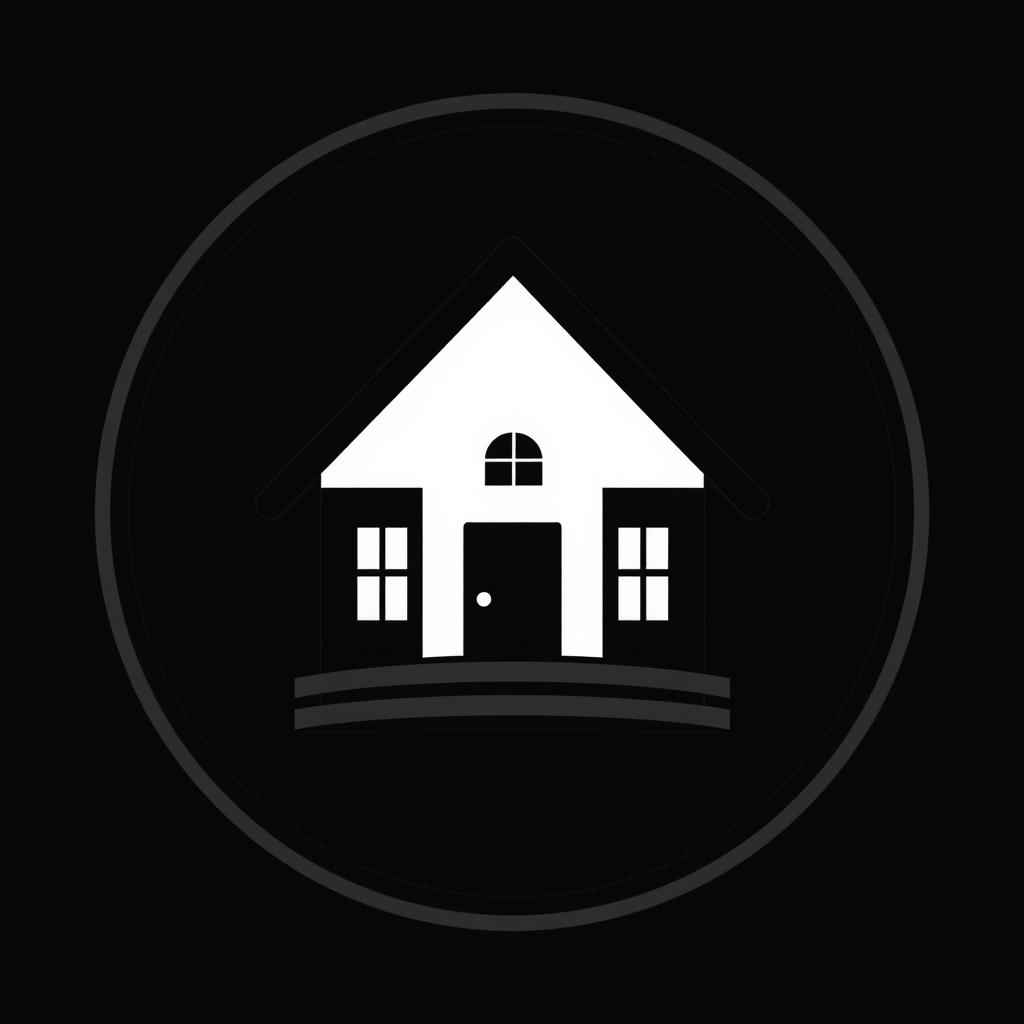 A striking black and white logo featuring a house positioned prominently at the center