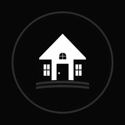 A striking black and white logo featuring a house positioned prominently at the center