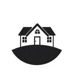 A striking black and white logo featuring a house positioned prominently at the center