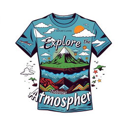 A stylish t-shirt design featuring elements of atmospheric geography, showcasing layers of the atmosphere like the troposphere, stratosphere, mesosphere, thermosphere, and exosphere