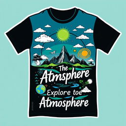 A stylish t-shirt design featuring elements of atmospheric geography, showcasing layers of the atmosphere like the troposphere, stratosphere, mesosphere, thermosphere, and exosphere