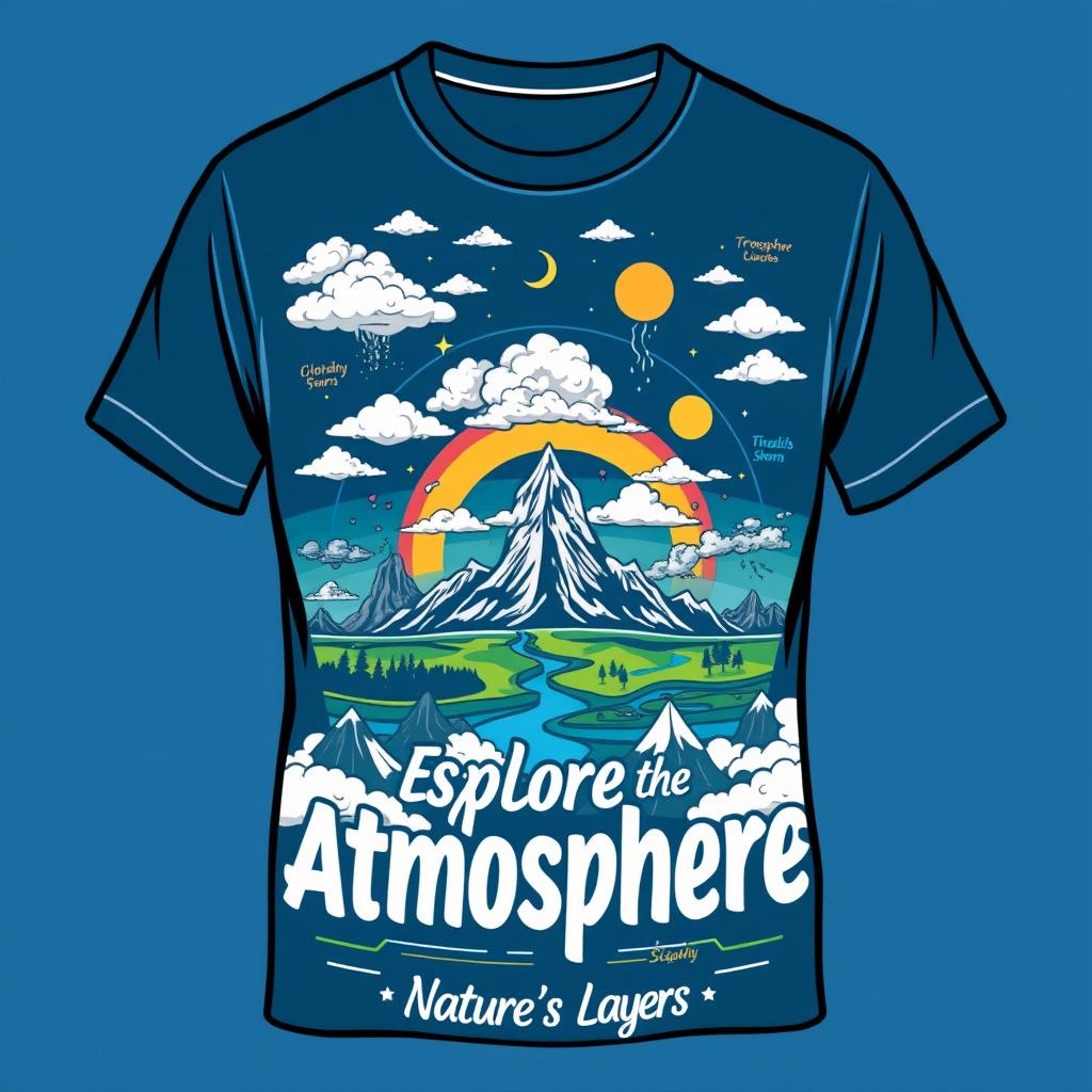 A stylish t-shirt design featuring elements of atmospheric geography, showcasing layers of the atmosphere like the troposphere, stratosphere, mesosphere, thermosphere, and exosphere