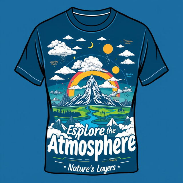 A stylish t-shirt design featuring elements of atmospheric geography, showcasing layers of the atmosphere like the troposphere, stratosphere, mesosphere, thermosphere, and exosphere