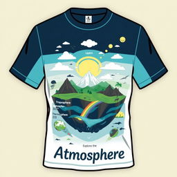 A stylish t-shirt design featuring elements of atmospheric geography, showcasing layers of the atmosphere like the troposphere, stratosphere, mesosphere, thermosphere, and exosphere