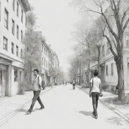 Generate a positive, sketch-style artwork that presents the current urban lifestyle. It should depict people engrossed in their cellphones, casually walking among buildings and houses, with a few trees dispersed in the scene.