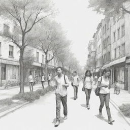 Generate a positive, sketch-style artwork that presents the current urban lifestyle. It should depict people engrossed in their cellphones, casually walking among buildings and houses, with a few trees dispersed in the scene.