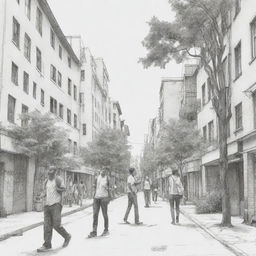 Generate a positive, sketch-style artwork that presents the current urban lifestyle. It should depict people engrossed in their cellphones, casually walking among buildings and houses, with a few trees dispersed in the scene.