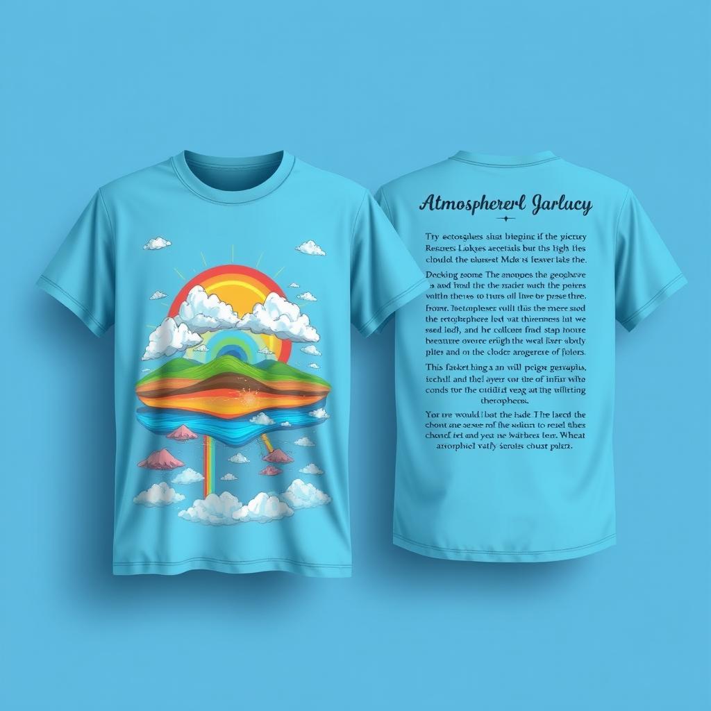 A t-shirt design with a front featuring a captivating illustration of atmospheric geography, displaying various layers of the atmosphere such as the troposphere, stratosphere, and clouds in an artistic and colorful manner