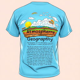 A t-shirt design with a front featuring a captivating illustration of atmospheric geography, displaying various layers of the atmosphere such as the troposphere, stratosphere, and clouds in an artistic and colorful manner