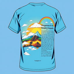 A t-shirt design with a front featuring a captivating illustration of atmospheric geography, displaying various layers of the atmosphere such as the troposphere, stratosphere, and clouds in an artistic and colorful manner