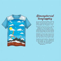 A t-shirt design with a front featuring a captivating illustration of atmospheric geography, displaying various layers of the atmosphere such as the troposphere, stratosphere, and clouds in an artistic and colorful manner