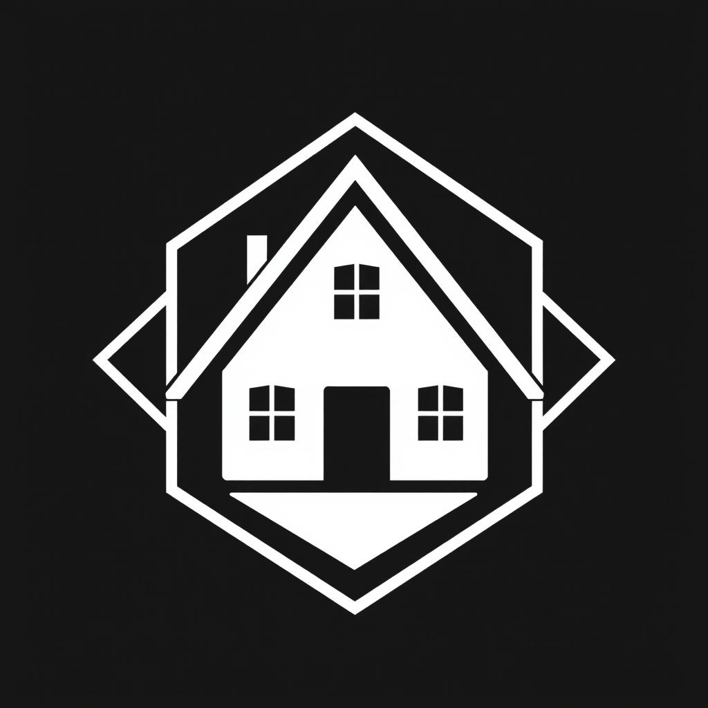 A black and white logo prominently featuring a house at the center, with bold outlines and a minimalist design