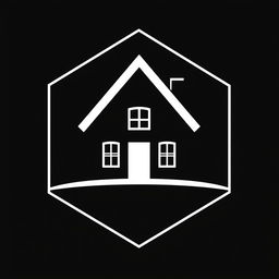 A black and white logo prominently featuring a house at the center, with bold outlines and a minimalist design