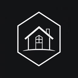 A black and white logo prominently featuring a house at the center, with bold outlines and a minimalist design