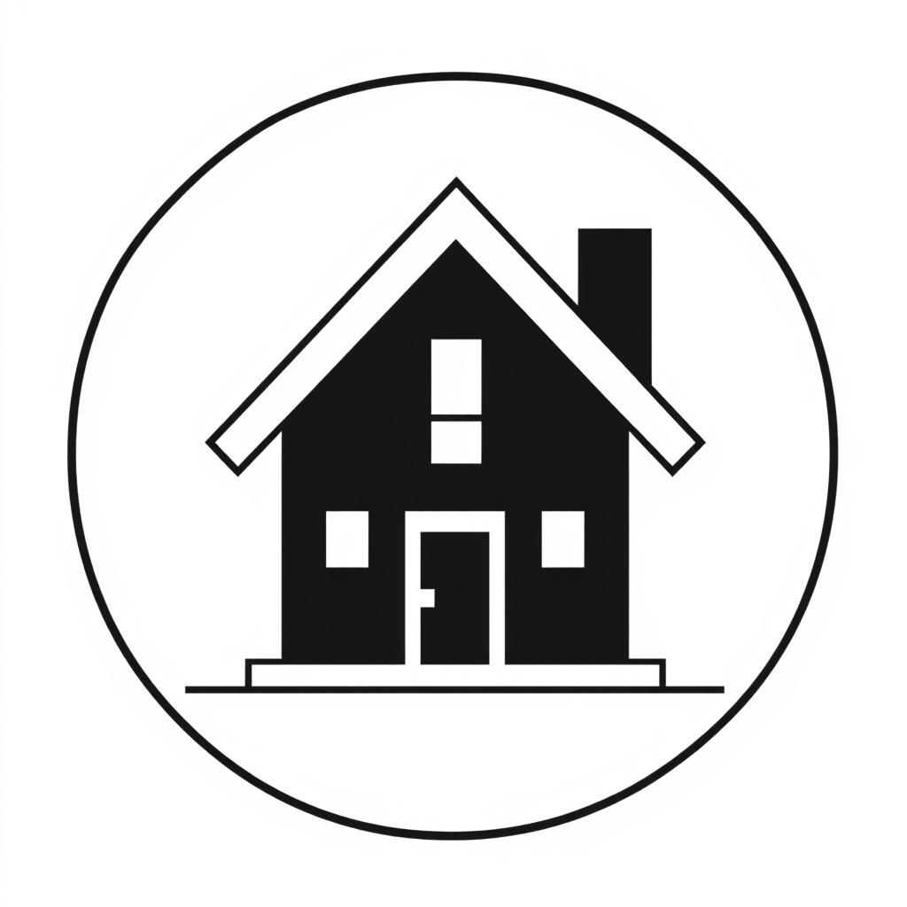 A black and white logo prominently featuring a house at the center, with bold outlines and a minimalist design