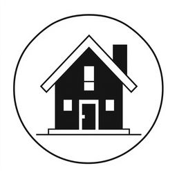 A black and white logo prominently featuring a house at the center, with bold outlines and a minimalist design