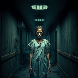 A chilling book cover for a horror novel, featuring a dark, deserted hospital corridor