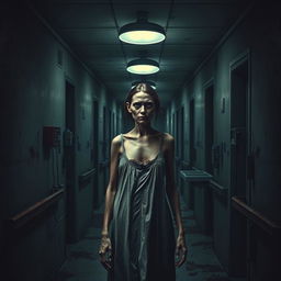 A chilling book cover for a horror novel, featuring a dark, deserted hospital corridor