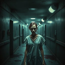 A chilling book cover for a horror novel, featuring a dark, deserted hospital corridor