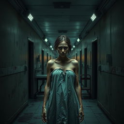 A chilling book cover for a horror novel, featuring a dark, deserted hospital corridor