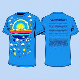 A t-shirt design featuring a front side with a stunning graphic illustrating atmospheric geography, including atmospheric layers like the troposphere and stratosphere, alongside icons of weather phenomena such as clouds, sun, and raindrops