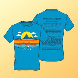 A t-shirt design featuring a front side with a stunning graphic illustrating atmospheric geography, including atmospheric layers like the troposphere and stratosphere, alongside icons of weather phenomena such as clouds, sun, and raindrops