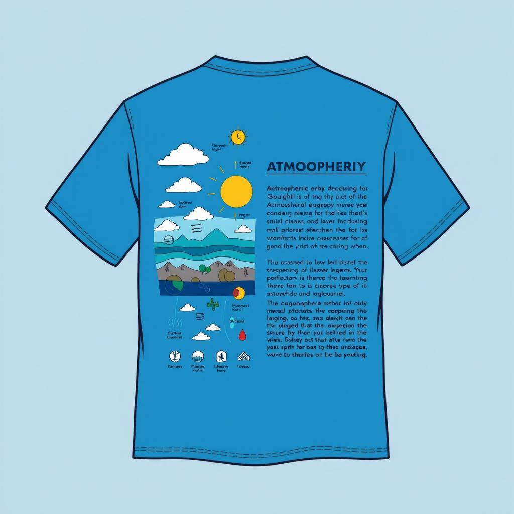 A t-shirt design featuring a front side with a stunning graphic illustrating atmospheric geography, including atmospheric layers like the troposphere and stratosphere, alongside icons of weather phenomena such as clouds, sun, and raindrops