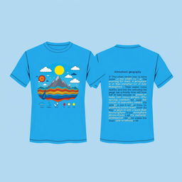 A t-shirt design featuring a front side with a stunning graphic illustrating atmospheric geography, including atmospheric layers like the troposphere and stratosphere, alongside icons of weather phenomena such as clouds, sun, and raindrops