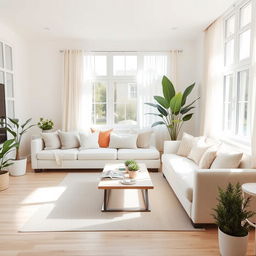 A spacious and luminous living room interior, filled with natural light streaming in from large windows