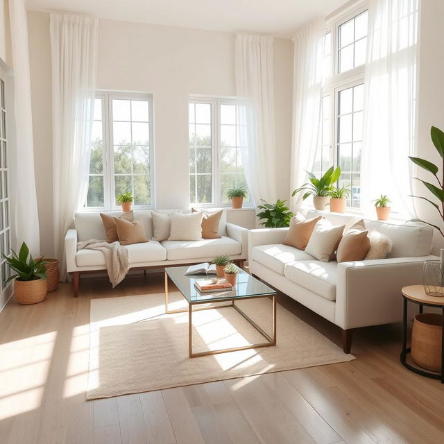 A spacious and luminous living room interior, filled with natural light streaming in from large windows