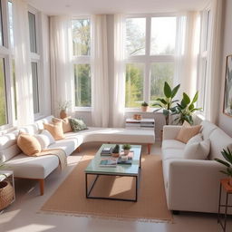 A spacious and luminous living room interior, filled with natural light streaming in from large windows