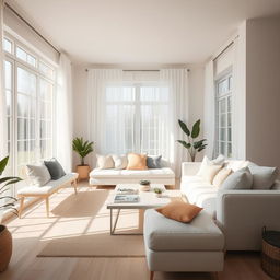 A spacious and luminous living room interior, filled with natural light streaming in from large windows